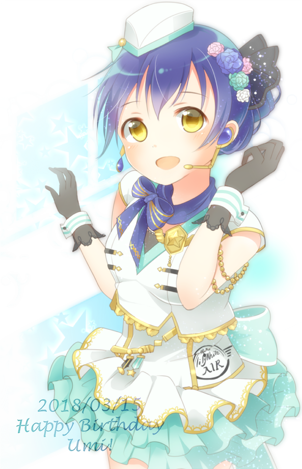 birthday black_gloves blue_hair character_name commentary_request dated earrings flight_attendant flower gloves hair_between_eyes hair_bun hair_flower hair_ornament happy_birthday hat jewelry long_hair looking_at_viewer love_live! love_live!_school_idol_festival love_live!_school_idol_project microphone open_mouth pimi_(ringsea21) short_sleeves skirt smile solo sonoda_umi uniform yellow_eyes
