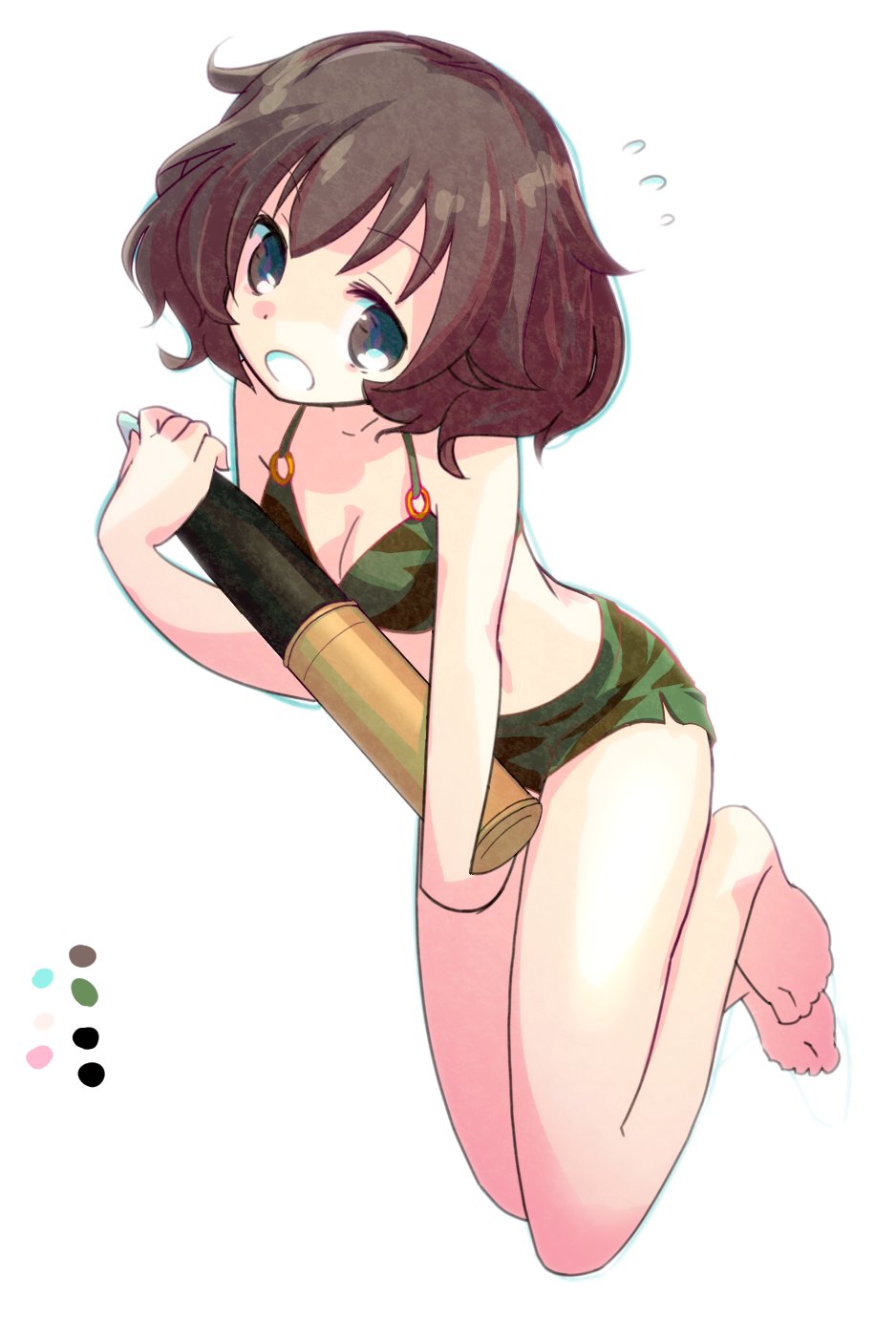 akiyama_yukari barefoot bikini bikini_shorts breasts brown_eyes brown_hair camouflage camouflage_bikini cleavage color_guide commentary_request eyebrows_visible_through_hair flying_sweatdrops full_body girls_und_panzer green_bikini head_tilt highres holding kneeling looking_at_viewer messy_hair moro_(like_the_gale!) open_mouth short_hair shorts small_breasts solo swimsuit tank_shell white_background