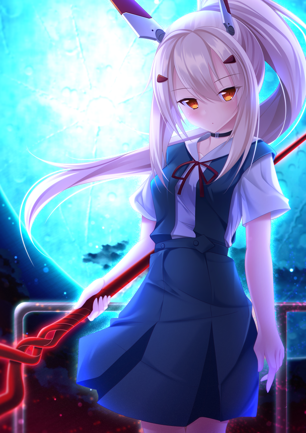 alternate_costume ayanami_(azur_lane) ayanami_rei ayanami_rei_(cosplay) azur_lane choker collarbone commentary_request cosplay full_moon hair_ornament hairpin headgear highres holding hukairi_botan lance lance_of_longinus long_hair looking_at_viewer moon namesake neon_genesis_evangelion night night_sky parted_lips polearm ponytail school_uniform silver_hair sky solo weapon wind