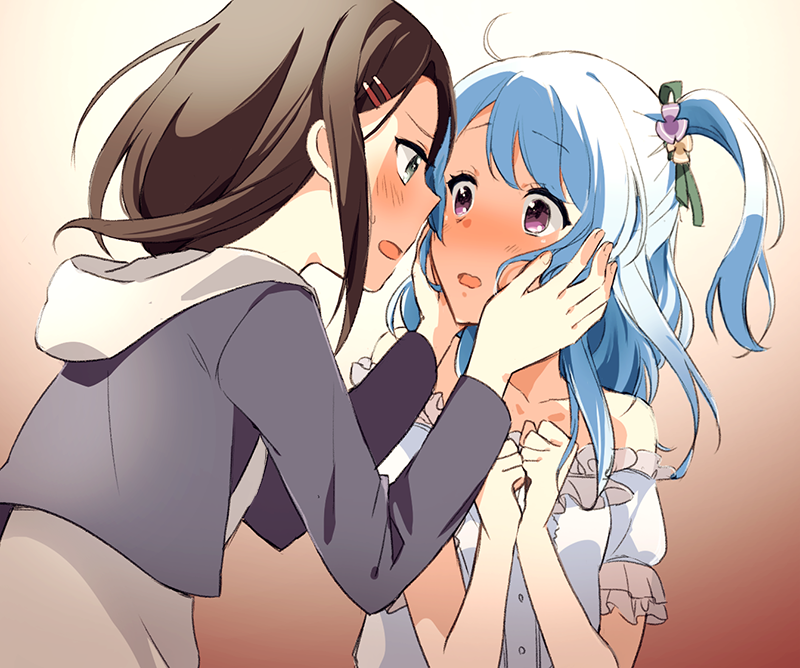 :o ahoge bang_dream! bangs blue_hair blush brown_hair clenched_hands commentary_request cropped_jacket eye_contact face-to-face flower frilled_sleeves frills gradient gradient_background hair_flower hair_ornament hairpin hands_on_another's_cheeks hands_on_another's_face hands_together hands_up hood hood_down long_hair long_sleeves looking_at_another matsubara_kanon multiple_girls okusawa_misaki one_side_up purple_eyes ribbon sweatdrop upper_body yae_(eky_567) yuri