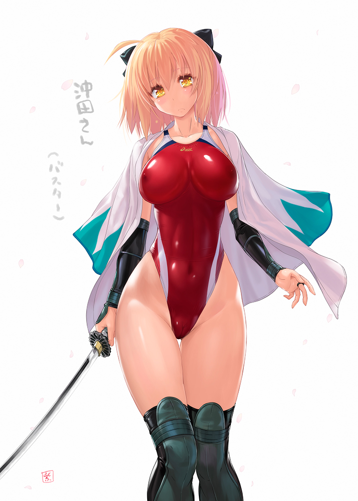 ahoge asics ass_visible_through_thighs black_bow black_scarf blonde_hair bow breasts cameltoe character_name competition_swimsuit covered_navel covered_nipples fate/grand_order fate_(series) gauntlets grey_legwear hair_bow highleg highleg_swimsuit japanese_clothes katana kimono koha-ace logo looking_at_viewer murasaki_nyaa okita_souji_(fate) okita_souji_(fate)_(all) one-piece_swimsuit red_swimsuit scarf shinsengumi short_hair short_kimono simple_background solo standing swimsuit sword thigh_gap thighhighs translated weapon white_background yellow_eyes