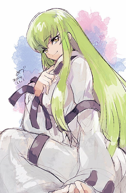 2014 ass bangs bodysuit c.c. closed_mouth code_geass dated eyebrows eyebrows_visible_through_hair green_hair hair_between_eyes hand_on_own_chest long_hair long_sleeves medu_(rubish) sidelocks smile solo straight_hair straitjacket white_bodysuit wide_sleeves yellow_eyes