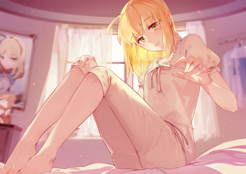 3four ahoge artoria_pendragon_(all) bangs barefoot bedroom blonde_hair blush collar curtains day eyebrows_visible_through_hair fate/stay_night fate_(series) frilled_collar frilled_sleeves frills green_eyes hand_on_own_knee indoors looking_at_viewer pajamas saber short_sleeves sitting smile solo