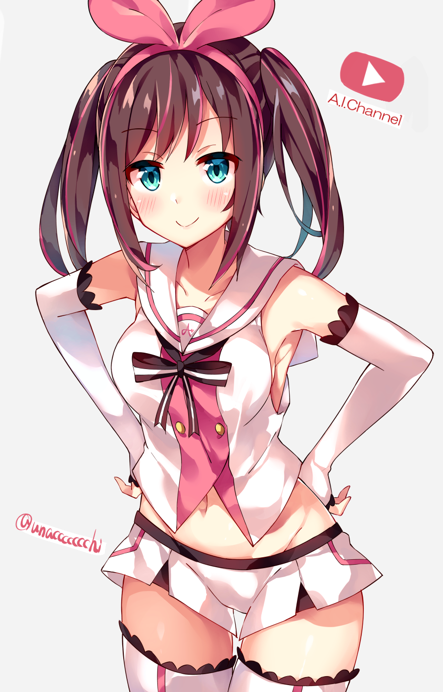 a.i._channel alternate_hairstyle armpits bangs bare_shoulders blue_eyes blush breasts brown_hair closed_mouth collarbone commentary_request copyright_name detached_sleeves eyebrows_visible_through_hair grey_background groin hair_ribbon hair_up hairband hands_on_hips highres kizuna_ai long_hair long_sleeves looking_at_viewer medium_breasts multicolored_hair navel pink_hair pink_hairband pink_ribbon play_button ribbon shirt short_shorts shorts sidelocks simple_background sleeveless sleeveless_shirt sleeves_past_wrists smile solo standing streaked_hair thighhighs twintails twitter_username unacchi_(nyusankin) virtual_youtuber white_legwear white_shirt white_shorts