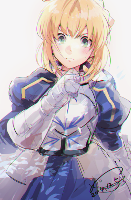 2014 arm_at_side armor armored_dress artoria_pendragon_(all) bangs blonde_hair blue_dress blush braid breastplate chromatic_aberration closed_mouth dated dress fate/stay_night fate_(series) french_braid frown gauntlets green_eyes hand_up long_sleeves looking_at_viewer medu_(rubish) puffy_long_sleeves puffy_sleeves saber short_hair sidelocks single_braid solo