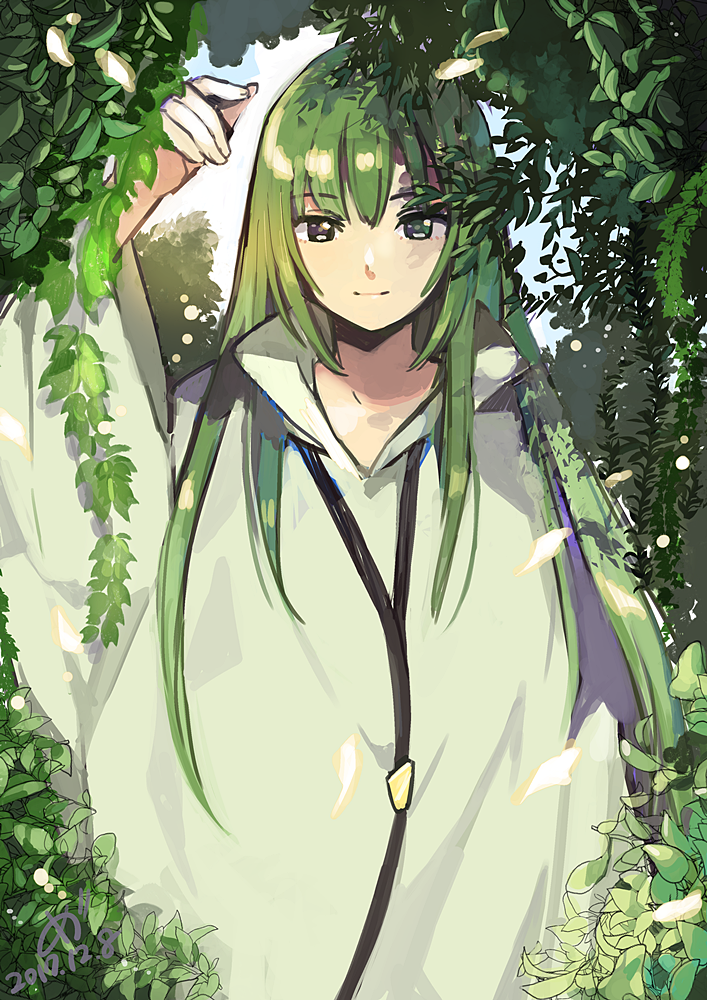 2017 androgynous arm_up bangs closed_mouth dated enkidu_(fate/strange_fake) eyebrows_visible_through_hair fate/strange_fake fate_(series) green green_eyes green_hair hair_between_eyes long_hair long_sleeves looking_at_viewer male_focus medu_(rubish) plant robe smile solo straight_hair very_long_hair white_robe wide_sleeves