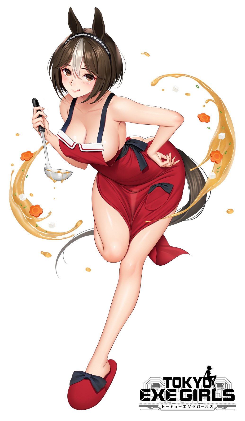 animal_ears apron ass bangs bare_shoulders breasts brown_eyes brown_hair cleavage collarbone commentary fingernails food full_body hand_on_hip highres holding horse_ears horse_girl horse_tail ladle large_breasts leg_up logo looking_at_viewer multicolored_hair official_art sandals shimashima08123 sideboob simple_background smile solo tail tokyo_exe_girls tongue tongue_out white_hair