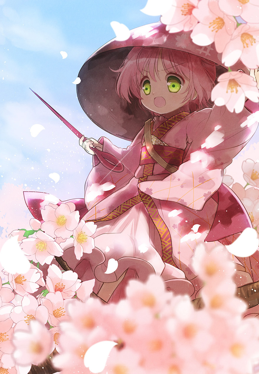 :o biyon blue_sky blurry bowl cherry_blossoms commentary_request day floral_print green_eyes highres japanese_clothes kimono long_sleeves needle open_mouth petals short_hair sky solo sukuna_shinmyoumaru touhou v-shaped_eyebrows