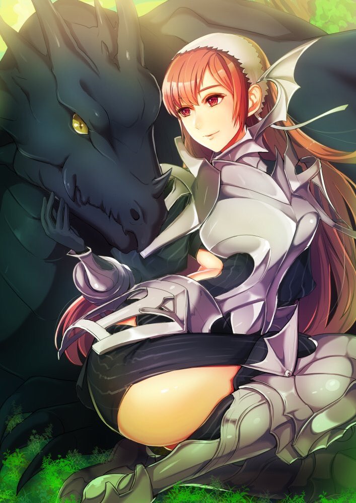 1girl armor ass breasts character_request cleaves dragon dragon_wings gloves highres kokouno_oyazi large_breasts long_hair monster_girl red_eyes red_hair sitting smile