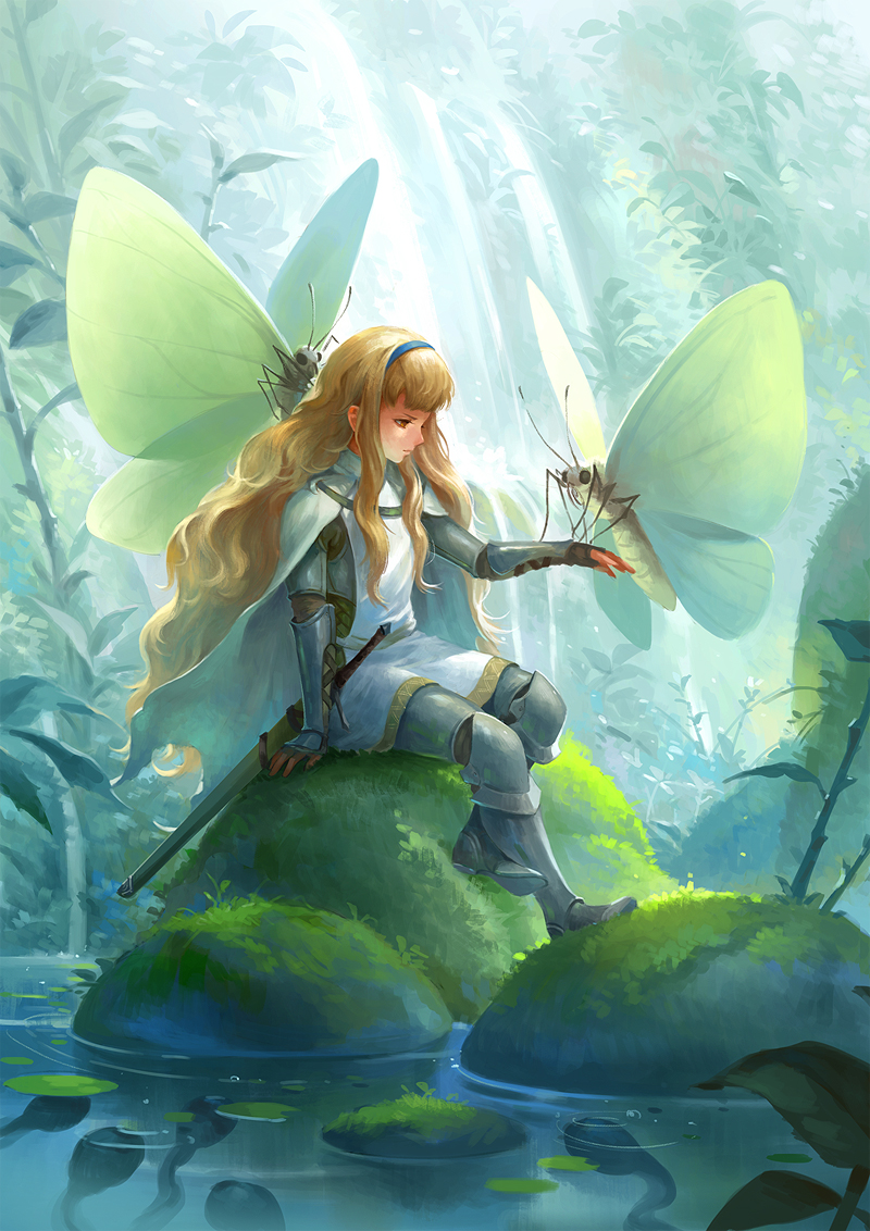 armor arthropod blonde_hair brown_eyes clothed clothing day detailed_background digital_media_(artwork) female fish group hair human insect mammal marine melee_weapon moth outside sandara sword water weapon