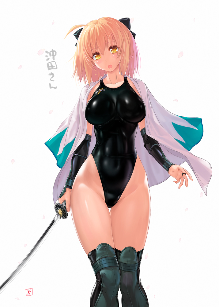 ahoge asics ass_visible_through_thighs black_bow black_scarf black_swimsuit blonde_hair bow breasts character_name commentary_request competition_swimsuit covered_navel covered_nipples fate/grand_order fate_(series) gauntlets grey_legwear hair_bow highleg highleg_swimsuit japanese_clothes katana kimono koha-ace logo looking_at_viewer murasaki_nyaa okita_souji_(fate) okita_souji_(fate)_(all) one-piece_swimsuit open_mouth scarf shinsengumi short_hair short_kimono simple_background solo standing swimsuit sword thigh_gap thighhighs weapon white_background yellow_eyes