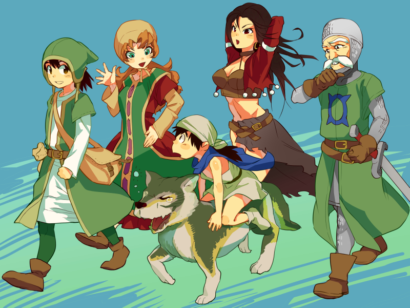 blue_eyes breasts cleavage commentary_request curly_hair dragon_quest dragon_quest_vii dress everyone full_body gabo hat hero_(dq7) hood long_hair looking_at_viewer maribel_(dq7) medium_breasts midriff mogura_(mogura56) multiple_boys multiple_girls navel open_mouth red_hair short_hair sir_mervyn smile