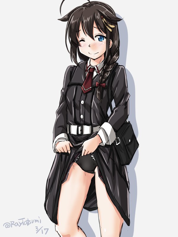 ahoge alternate_costume bag belt black_dress black_panties blue_eyes braid commentary_request cowboy_shot dated dress dress_lift hair_flaps hair_over_shoulder kantai_collection lifted_by_self long_hair looking_at_viewer one_eye_closed panties remodel_(kantai_collection) shigure_(kantai_collection) simple_background single_braid solo tatsumi_ray twitter_username underwear white_background white_belt