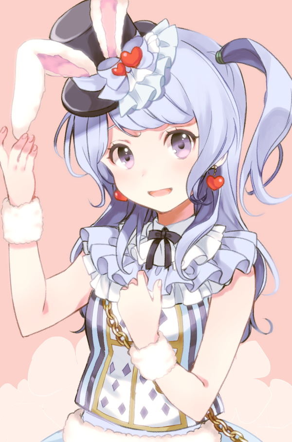 :d animal_ears bang_dream! bangs black_neckwear blue_hair bow bunny_ears chain earrings frills hair_tie hand_on_ear hand_on_own_chest hat hat_bow hat_ornament heart heart_earrings jewelry long_hair looking_at_viewer matsubara_kanon neck_ribbon one_side_up open_mouth playing_card_print purple_eyes ribbon smile solo top_hat upper_body wristband yae_(eky_567)