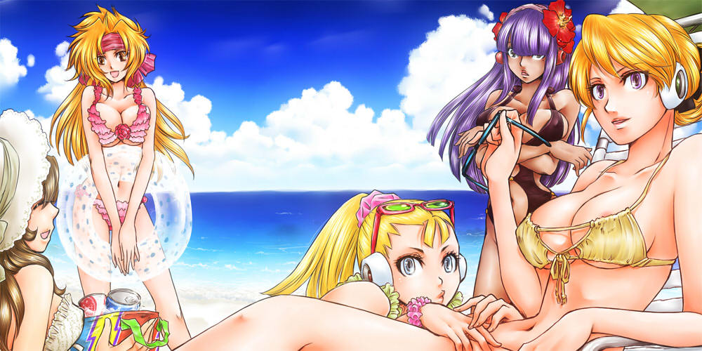 alia_(rockman) bare_arms bare_legs beach bikini black_swimsuit blonde_hair blue_eyes bracelet breast_squeeze breasts brown_eyes brown_hair can capcom cleavage closed_eyes cloud commentary_request covered_nipples crossed_arms dark_skin eyewear_on_head eyewear_removed flower frilled_bikini frills front-tie_bikini front-tie_top hair_bun hair_flower hair_ornament hands_together hat high_ponytail hizo_(repapp) holding innertube iris_(rockman_x) jewelry large_breasts layer lying marty_(rockman_x) midriff mole multiple_girls navel ocean on_back open_mouth palette_(rockman) pink_bikini ponytail purple_eyes purple_hair robot_ears rockman rockman_x rockman_x4 rockman_x8 rockman_x_(manga) sidelocks sky smile standing sun_hat swimsuit