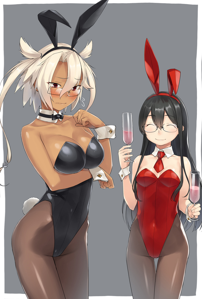 alcohol alternate_costume animal_ears ass_visible_through_thighs bangs bare_shoulders black_hair black_legwear black_leotard black_neckwear blonde_hair blush bow bowtie breasts bunny_ears bunny_girl bunny_tail bunnysuit champagne_flute cleavage collarbone cup dark_skin detached_collar drinking_glass eyebrows_visible_through_hair fake_animal_ears gahaku glasses hair_between_eyes hairband kantai_collection large_breasts leotard long_hair mini_necktie multiple_girls musashi_(kantai_collection) necktie ooyodo_(kantai_collection) pantyhose red_eyes red_leotard red_neckwear semi-rimless_eyewear simple_background small_breasts smile strapless strapless_leotard tail thigh_gap twintails wrist_cuffs