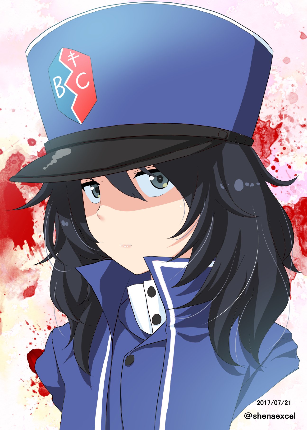 :| andou_(girls_und_panzer) bc_freedom_(emblem) bc_freedom_military_uniform black_eyes black_hair blood blood_splatter blue_hat blue_jacket blue_vest closed_mouth commentary cropped_arms cropped_torso dark_skin dated dress_shirt emblem excel_(shena) girls_und_panzer hat high_collar highres jacket long_sleeves looking_at_viewer medium_hair military military_hat military_uniform shako_cap shirt solo twitter_username uniform upper_body vest white_background white_shirt