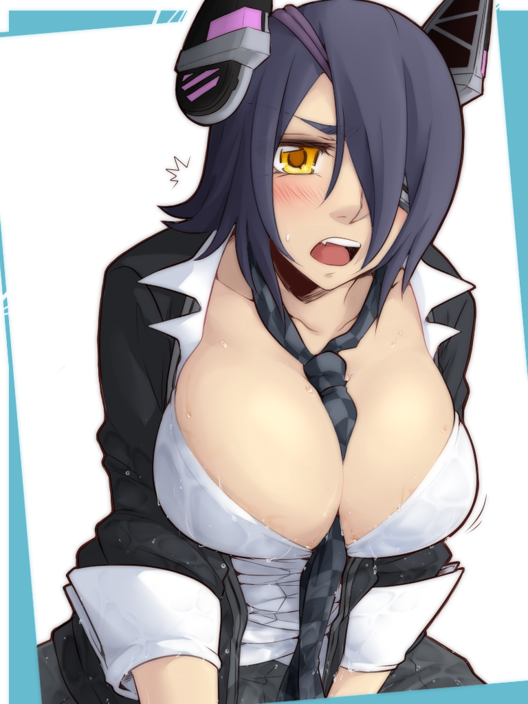 between_breasts blush breasts checkered checkered_neckwear cleavage eyepatch headgear kantai_collection large_breasts looking_at_viewer necktie necktie_between_breasts neko_majin purple_hair school_uniform short_hair sleeves_pushed_up solo tenryuu_(kantai_collection) v_arms wet wet_clothes yellow_eyes