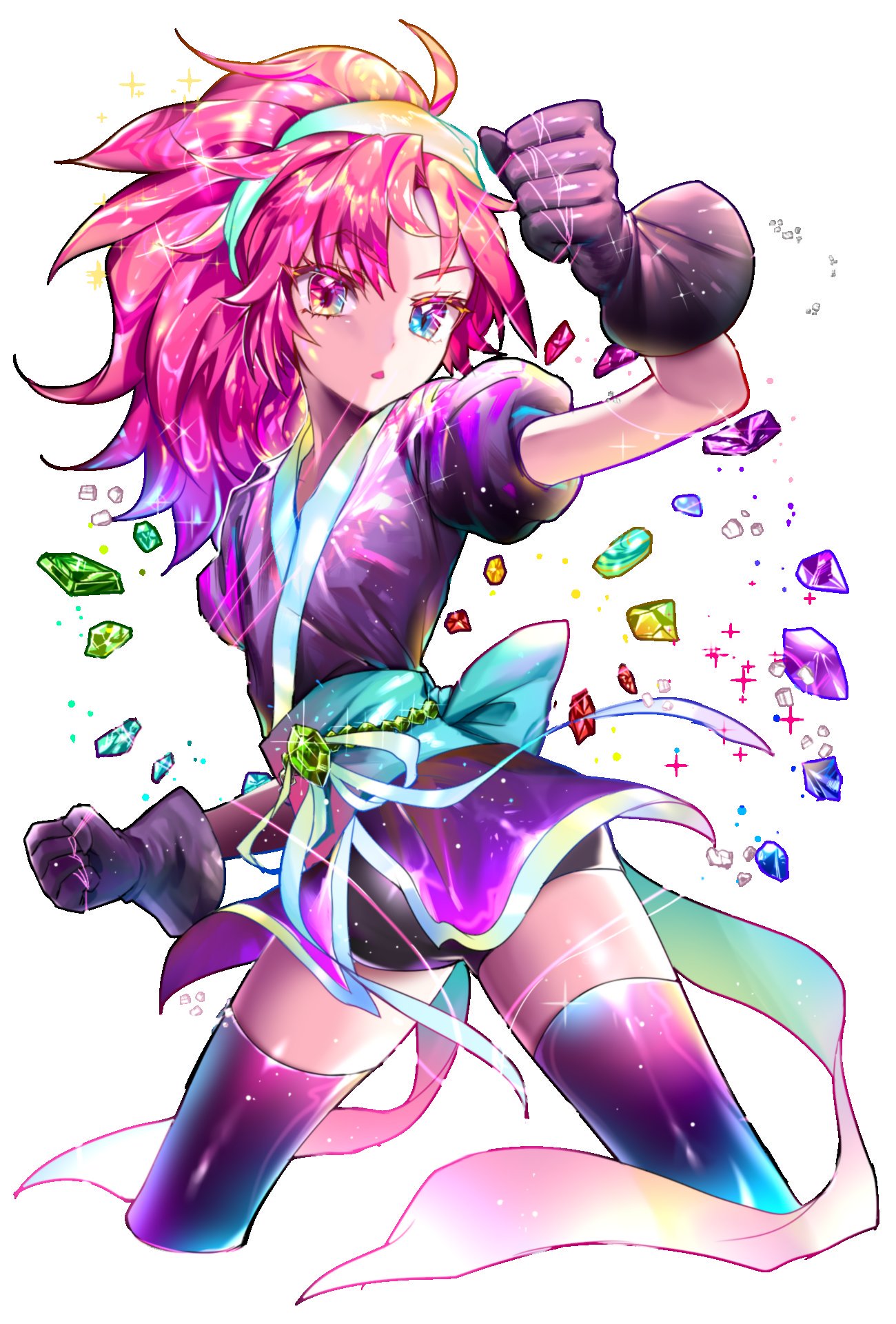 bike_shorts commentary_request cowboy_shot cropped_legs crystal_hair gem gloves hair_ribbon heterochromia hhw6328 highres houseki_no_kuni hunter_x_hunter japanese_clothes kimono korean_commentary long_hair machi_(hunter_x_hunter) multicolored multicolored_eyes parody pink_hair ponytail rainbow_eyes ribbon simple_background solo string thighhighs white_background