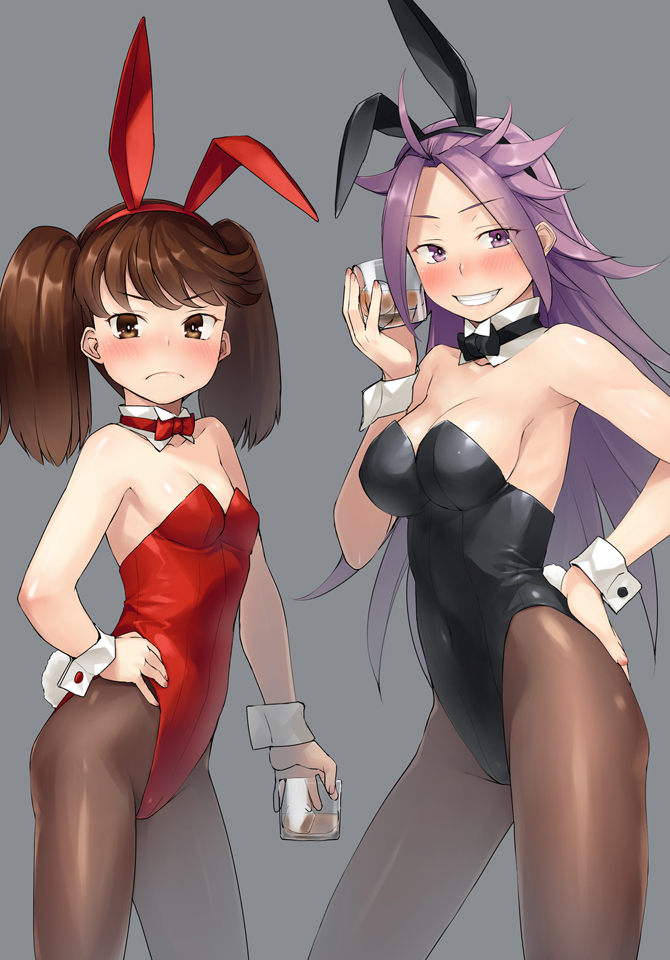 &gt;:( ahoge alternate_costume animal_ears armpits bangs bare_shoulders black_bow black_hairband black_leotard black_neckwear blush bow bowtie breasts brown_eyes brown_legwear bunny_ears bunny_tail bunnysuit cleavage contrapposto covered_navel cowboy_shot cup detached_collar drinking_glass flat_chest gahaku grey_background hairband hand_on_hip holding holding_cup ice ice_cube jun'you_(kantai_collection) kantai_collection large_breasts legs_apart leotard long_hair looking_at_viewer multiple_girls nose_blush pantyhose parted_bangs purple_eyes purple_hair red_bow red_leotard red_neckwear ryuujou_(kantai_collection) shiny shiny_skin simple_background standing straight_hair strapless strapless_leotard tail twintails v-shaped_eyebrows very_long_hair wrist_cuffs