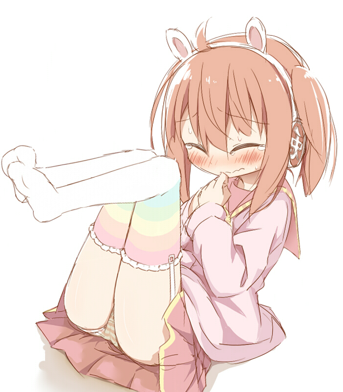 animal_ears ass ayanepuna bangs blush brown_hair bunny_ears bunny_headphones closed_eyes closed_mouth eyebrows_visible_through_hair facing_viewer fake_animal_ears garter_straps hair_between_eyes headphones hinabita long_hair long_sleeves meu_meu no_shoes own_hands_together panties pee peeing peeing_self pink_shirt pleated_skirt rainbow_order red_skirt shirt sketch skirt solo striped striped_legwear striped_panties sweat tears thighhighs translated twintails underwear wavy_mouth white_legwear