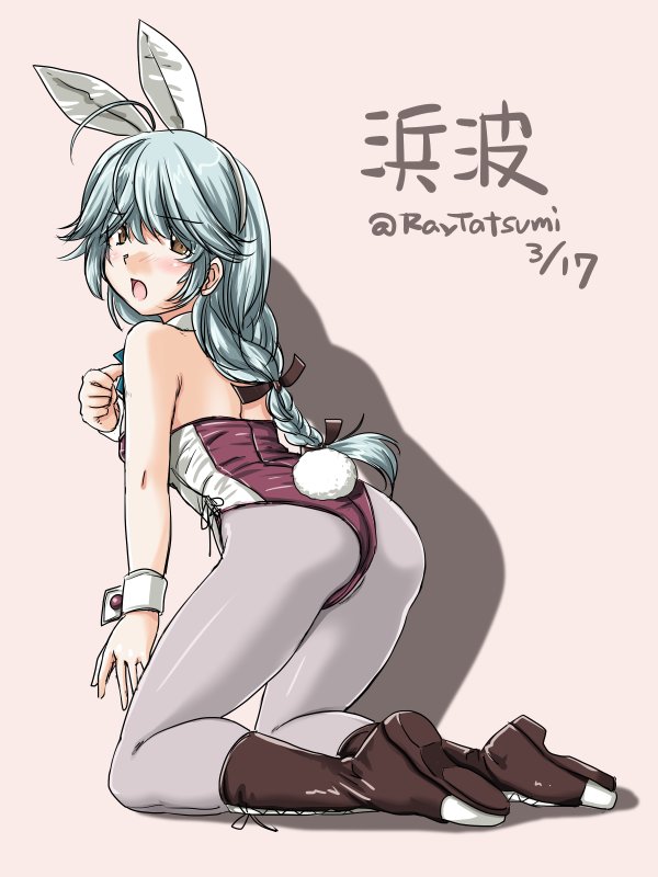 adapted_costume ahoge animal_ears ass beige_background black_ribbon boots bow bowtie braid brown_eyes brown_footwear bunny_ears bunny_tail bunnysuit character_name cross-laced_footwear dated detached_collar from_behind grey_background grey_hair hair_over_eyes hair_ribbon hamanami_(kantai_collection) kantai_collection kneeling lace-up_boots leotard long_hair looking_at_viewer open_mouth pantyhose purple_leotard ribbon shadow single_braid solo strapless strapless_leotard tail tatsumi_ray wrist_cuffs
