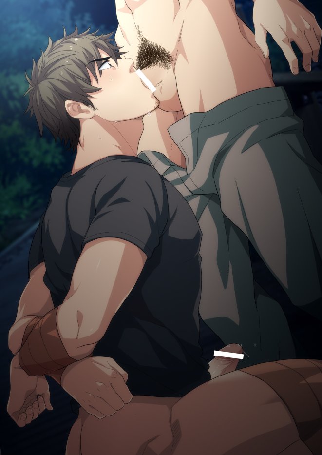 2boys blush bottomless brown_hair drooling erection facial_hair fellatio hihumi male_focus multiple_boys outdoors penis pubic_hair restrained saliva solo_focus sucking sweat tape testicles yaoi