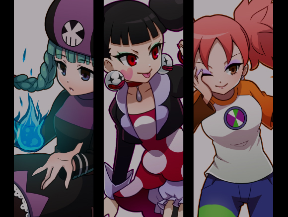 bangs black_hair blush braid breasts brown_eyes capcom chirol_(rockman_exe) commentary_request dress earrings eyeshadow green_hair hat heart iroaya_madoi jacket jewelry kuroi_miyuki makeup medium_breasts mikan_(aquacomet) multiple_girls pink_hair red_eyes rockman rockman_exe rockman_exe_6 shirt smile t-shirt tongue tongue_out