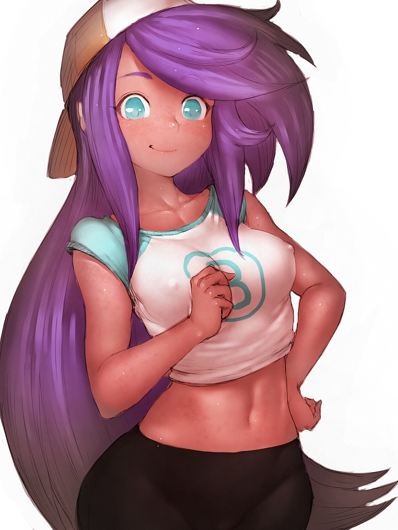 backwards_hat baseball_cap blue_eyes breasts collarbone commentary covered_nipples dark_skin eyebrows eyebrows_visible_through_hair fumio_(rsqkr) hat long_hair medium_breasts midriff navel purple_hair solo very_long_hair wide_hips