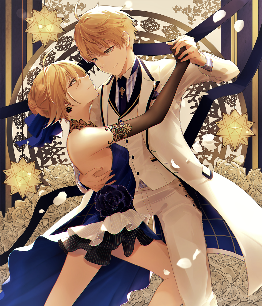 1girl ahoge arthur_pendragon_(fate) artoria_pendragon_(all) bangs bare_shoulders black_gloves blonde_hair blue_dress braid cross dress elbow_gloves eye_contact eyebrows_visible_through_hair fate/grand_order fate/prototype fate/prototype:_fragments_of_blue_and_silver fate_(series) formal french_braid gloves green_eyes hair_between_eyes hair_ribbon jacket koruta_(nekoimo) latin_cross looking_at_another necktie ribbon saber shirt short_hair sleeveless sleeveless_dress smile striped striped_shirt suit waistcoat white_rose_(fate/grand_order)