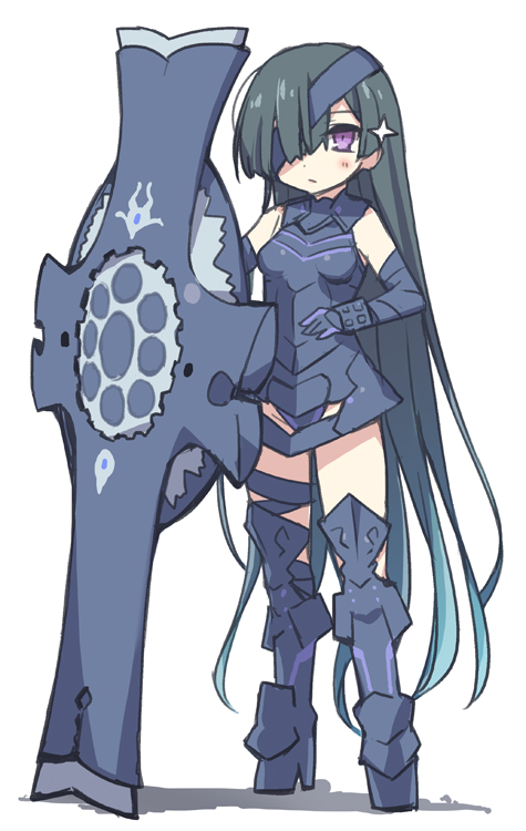 armor armored_boots armored_dress bare_shoulders black_footwear black_hair black_legwear blue_hair blush boots cosplay eyepatch fate/grand_order fate_(series) gauntlets gradient_hair hair_over_one_eye holding_shield long_hair looking_at_viewer mash_kyrielight mash_kyrielight_(cosplay) mochizuki_chiyome_(fate/grand_order) multicolored_hair shield solo sparkle standing stroma very_long_hair white_background