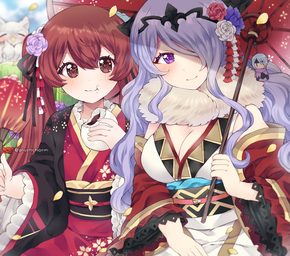 2girls berka_(fire_emblem_if) bird breasts camilla_(fire_emblem_if) cleavage closed_mouth eating fan feh_(fire_emblem_heroes) fire_emblem fire_emblem_heroes fire_emblem_if flower hair_flower hair_ornament hair_over_one_eye hair_ribbon holding holding_fan japanese_clothes kimono large_breasts long_hair long_sleeves luna_(fire_emblem_if) multiple_girls nintendo obi owl paper_fan petals plushcharm purple_eyes purple_hair red_eyes red_hair ribbon sash smile tiara twintails twitter_username uchiwa wide_sleeves