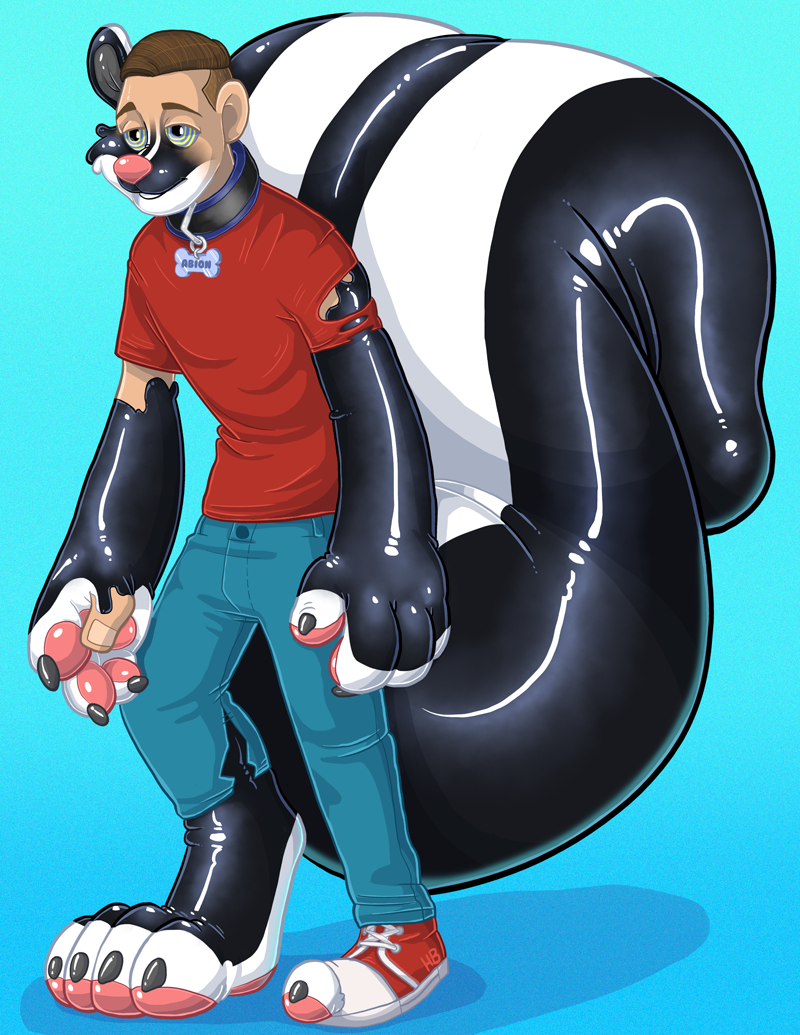 2017 4_fingers abion anthro black_claws blue_background brown_hair claws clothed clothing collar digital_drawing_(artwork) digital_media_(artwork) gradient_background hair hornbuckle human hypnosis inflatable male mammal mind_control name_tag pink_nose red_clothing red_shirt red_topwear rubber shiny simple_background skunk solo spiral spiral_eyes standing toe_claws torn_clothing transformation