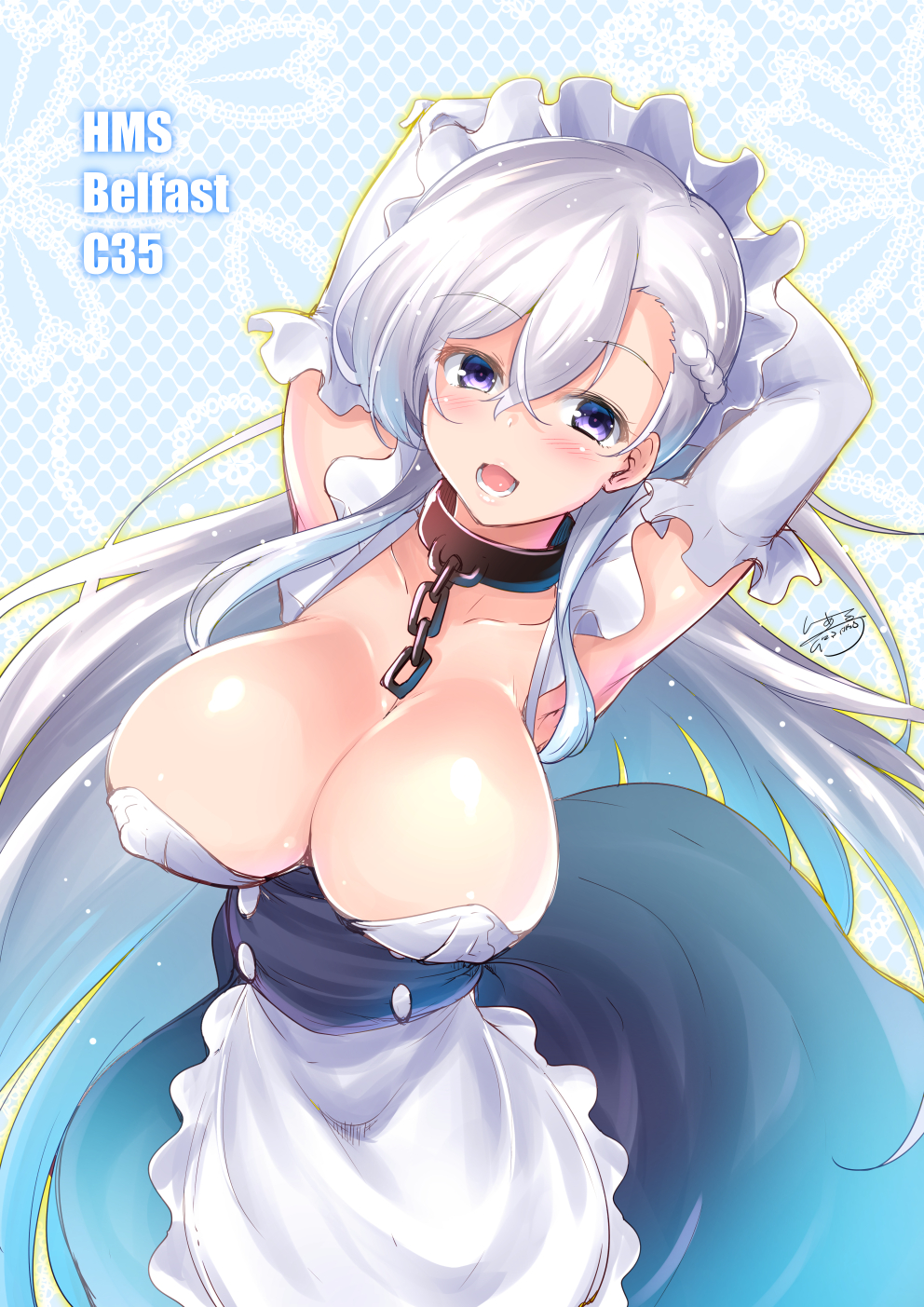 apron arms_up azur_lane bangs belfast_(azur_lane) braid breasts c.r. chain cleavage collar collarbone commentary_request corset french_braid frilled_apron frills gloves highres large_breasts long_hair maid maid_apron maid_headdress silver_hair solo white_apron white_gloves