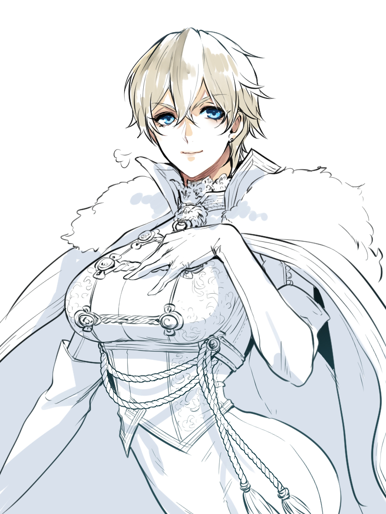 blonde_hair blue_eyes breasts cape earrings elbow_gloves fate/grand_order fate_(series) fur_trim gawain_(fate/extra) genderswap genderswap_(mtf) gloves hand_on_own_chest jewelry large_breasts looking_at_viewer platinum_blonde_hair short_hair solo zuwai_kani