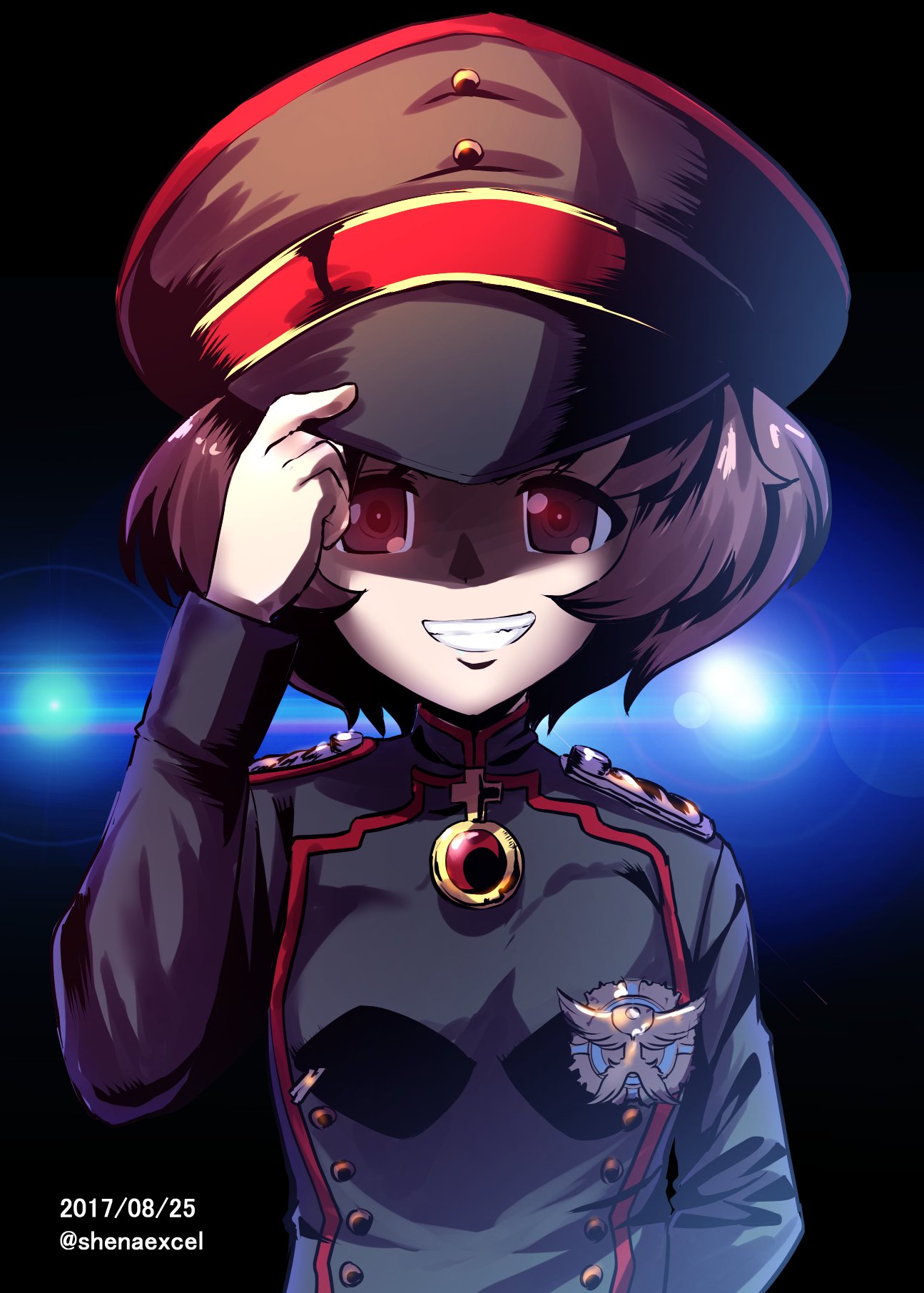 adjusting_clothes adjusting_hat akiyama_yukari arm_behind_back backlighting bangs black_hat black_jacket brooch brown_eyes brown_hair commentary cosplay dated double-breasted epaulettes evil_grin evil_smile excel_(shena) girls_und_panzer grin hat highres jacket jewelry lens_flare long_sleeves looking_at_viewer medallion messy_hair military military_hat military_uniform peaked_cap shaded_face short_hair smile solo standing tanya_degurechaff tanya_degurechaff_(cosplay) twitter_username uniform upper_body youjo_senki