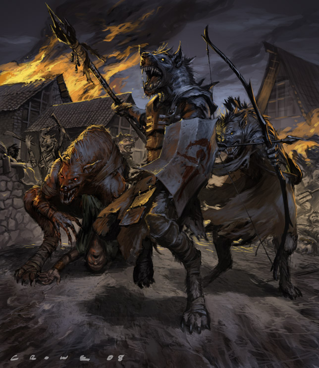 anthro armor arrow barefoot blood bow_(weapon) claws clothed clothing detailed_background dungeons_&amp;_dragons fire foot_wraps fur gnoll group holding_object holding_weapon human hyena mammal melee_weapon official_art open_mouth polearm ranged_weapon red_eyes smoke spear spots spotted_fur stephen_crowe teeth weapon wounded wraps yellow_eyes