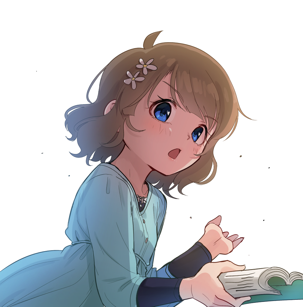 blue_eyes blush book brown_hair collarbone eyebrows_visible_through_hair flower hair_flower hair_ornament holding holding_book idolmaster idolmaster_million_live! kamille_(vcx68) long_sleeves looking_at_viewer open_book open_mouth short_hair solo suou_momoko upper_body