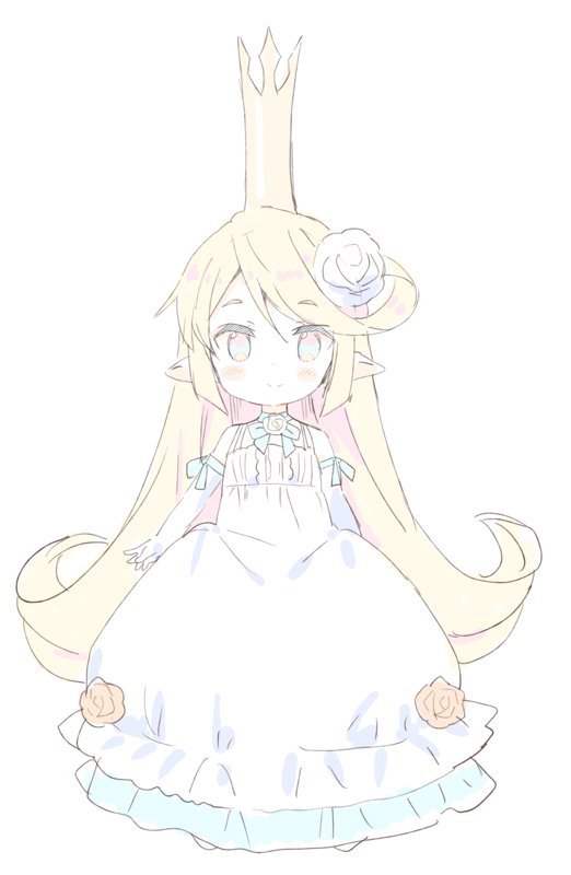 bare_shoulders blonde_hair blue_eyes blush charlotta_fenia closed_mouth commentary_request crown dress elbow_gloves flower full_body gloves granblue_fantasy hair_flower hair_ornament harvin long_hair looking_at_viewer meito_(maze) mini_crown pointy_ears rose simple_background sleeveless sleeveless_dress smile solo standing very_long_hair white_background white_dress white_flower white_gloves white_rose