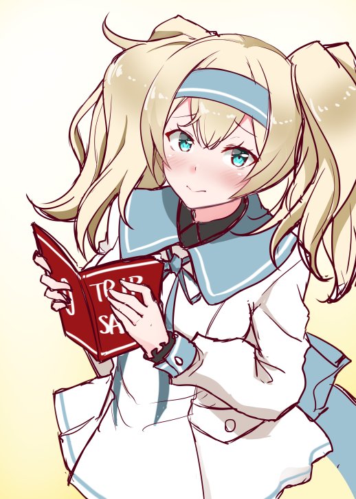 alternate_costume blonde_hair blue_eyes blue_hairband blush book commentary_request cowboy_shot gambier_bay_(kantai_collection) hair_between_eyes hairband kantai_collection kirigakure_(kirigakure_tantei_jimusho) long_hair looking_at_viewer solo twintails