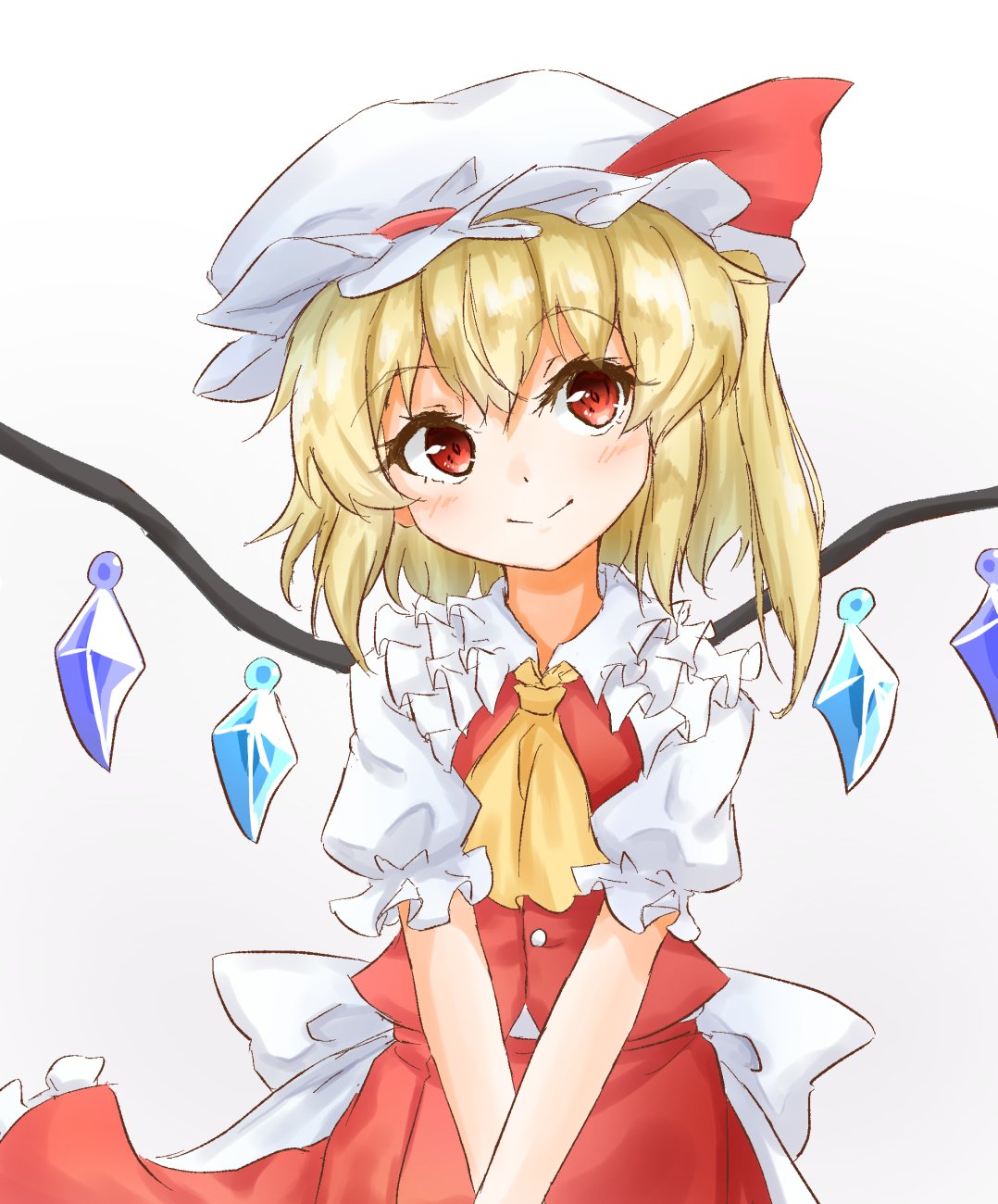 ascot blonde_hair bow buttons closed_mouth commentary cowboy_shot crossed_arms eyebrows_visible_through_hair eyelashes flandre_scarlet frilled_shirt_collar frilled_skirt frills gem hat hat_bow head_tilt highres looking_at_viewer mob_cap one_side_up puffy_short_sleeves puffy_sleeves red_bow red_eyes red_skirt red_vest sash shirt short_hair short_sleeves simple_background skirt smile solo tarumaru touhou vest white_background white_sash white_shirt wings yellow_neckwear
