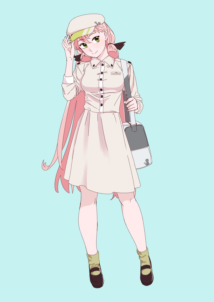 akashi_(kantai_collection) alternate_costume bag beret black_footwear black_ribbon blue_background contrapposto dress full_body green_eyes green_legwear hair_ribbon hat kantai_collection long_hair looking_at_viewer mary_janes ojipon pink_hair ribbon shoes small solo standing tress_ribbon white_dress white_hat