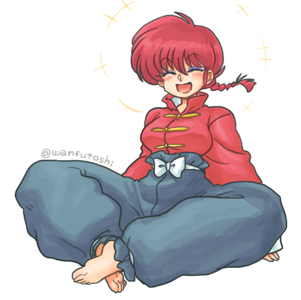 1girl braid chinese_clothes eyes_closed genderswap genderswap_(mtf) indian_style open_mouth ranma-chan ranma_1/2 red_hair saotome_ranma single_braid sitting smile solo tangzhuang wantan-orz