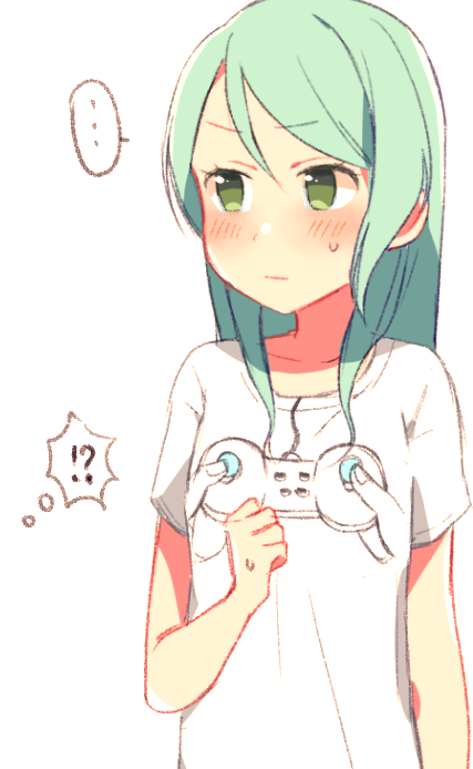 ... 1girl :| aqua_hair bang_dream! blush clenched_hand closed_mouth commentary_request controller game_controller green_eyes hikawa_sayo long_hair print_shirt shirt short_sleeves simple_background solo spoken_ellipsis sweatdrop t-shirt v-shaped_eyebrows white_background white_shirt yae_(eky_567)