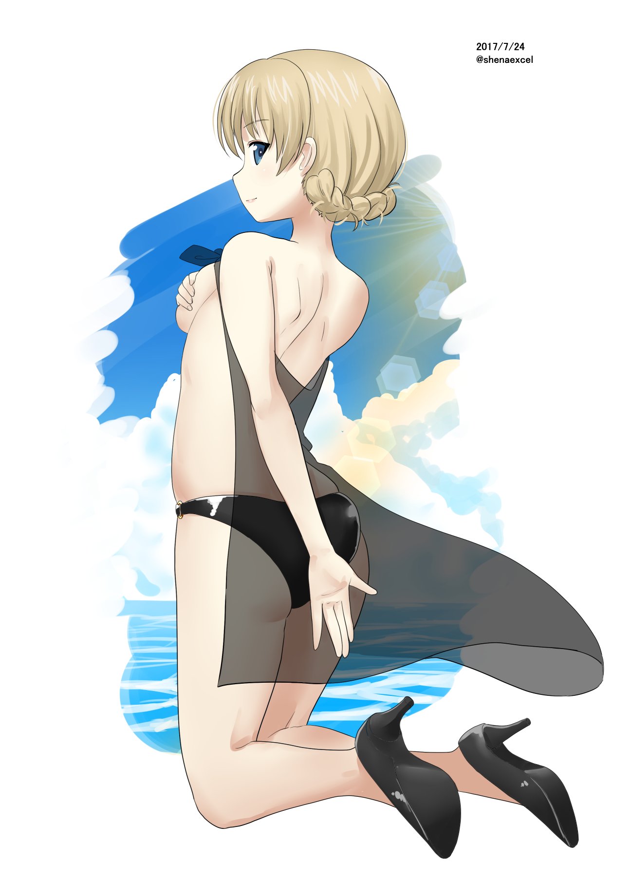 ass back bangs bikini black_bikini black_footwear blonde_hair blue_eyes braid breasts closed_mouth cloud cloudy_sky commentary covering covering_ass covering_breasts darjeeling dated day excel_(shena) eyebrows_visible_through_hair from_behind full_body girls_und_panzer high_heels highres kneeling legs lens_flare light_smile lingerie looking_at_viewer looking_back medium_breasts negligee o-ring o-ring_bikini ocean see-through sheer_clothes short_hair shoulder_blades sideboob skindentation sky smile solo swimsuit thighs tied_hair twitter_username underwear