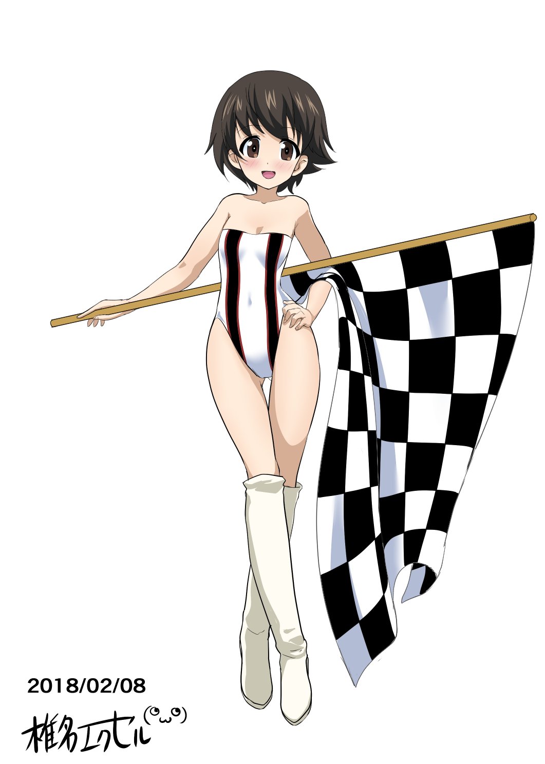 :d artist_name ass_visible_through_thighs bangs bare_shoulders boots breasts brown_eyes brown_hair checkered checkered_flag commentary covered_navel dated excel_(shena) flag full_body girls_und_panzer hand_on_hip highres holding leotard looking_at_viewer nakajima_(girls_und_panzer) open_mouth race_queen short_hair signature simple_background small_breasts smile solo standing strapless strapless_leotard striped striped_leotard thigh_boots thigh_gap thighhighs vertical_stripes white_background white_footwear white_leotard