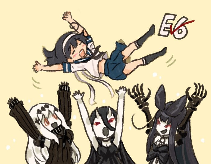 ahoge aircraft_carrier_water_oni arms_up battleship_hime black_hair bow choker claws closed_eyes comic commentary_request detached_sleeves dress hachimaki hair_between_eyes hair_bow hair_ornament headband horns kantai_collection long_hair long_sleeves midriff multiple_girls open_mouth otoufu pleated_skirt red_eyes remodel_(kantai_collection) school_uniform seaplane_tender_hime serafuku shinkaisei-kan skirt sleeveless sleeveless_dress smile ushio_(kantai_collection) white_hair yellow_background