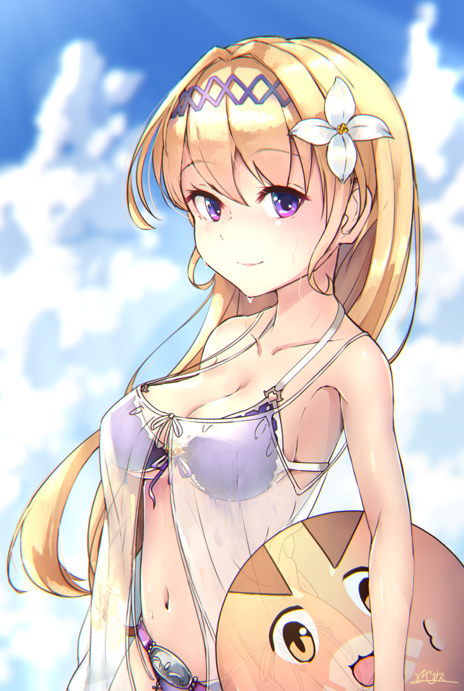 ball beachball bikini blonde_hair breasts cloud day eyebrows_visible_through_hair flower front-tie_bikini front-tie_top granblue_fantasy hair_flower hair_intakes hair_ornament hairband highres hiyashi_mikan jeanne_d'arc_(granblue_fantasy) large_breasts lily_(flower) long_hair looking_at_viewer navel purple_bikini purple_eyes see-through signature sky smile solo sweat swimsuit