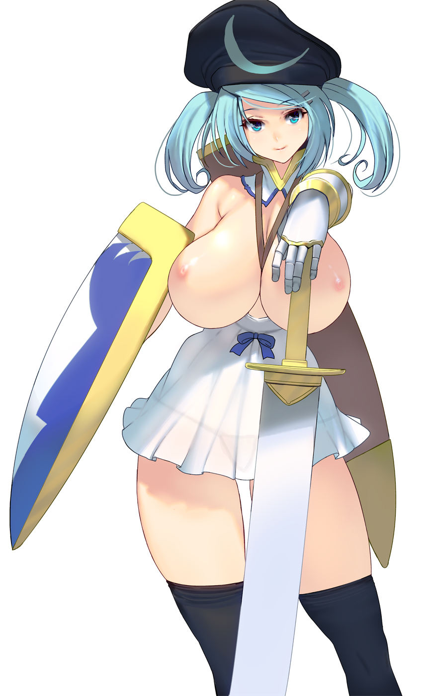 blonde_hair blue_eyes breasts commentary_request curvy dress hair_ornament hairclip hat highres huge_breasts large_breasts masao nipples original shield solo sword thighhighs twintails weapon