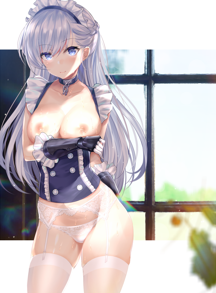 areolae arm_across_chest azur_lane bangs belfast_(azur_lane) blue_eyes blush braid breasts chain collar collarbone commentary_request corset cowboy_shot ero_waifu eyebrows_visible_through_hair french_braid frills garter_straps gauntlets gloves hair_between_eyes indoors lace lace-trimmed_panties large_breasts lingerie long_hair looking_at_viewer maid maid_headdress nipples no_pants panties shiny shiny_skin sidelocks silver_hair skindentation smile solo standing sunlight sweat sweatdrop thighhighs thighs underwear white_gloves white_legwear white_panties window